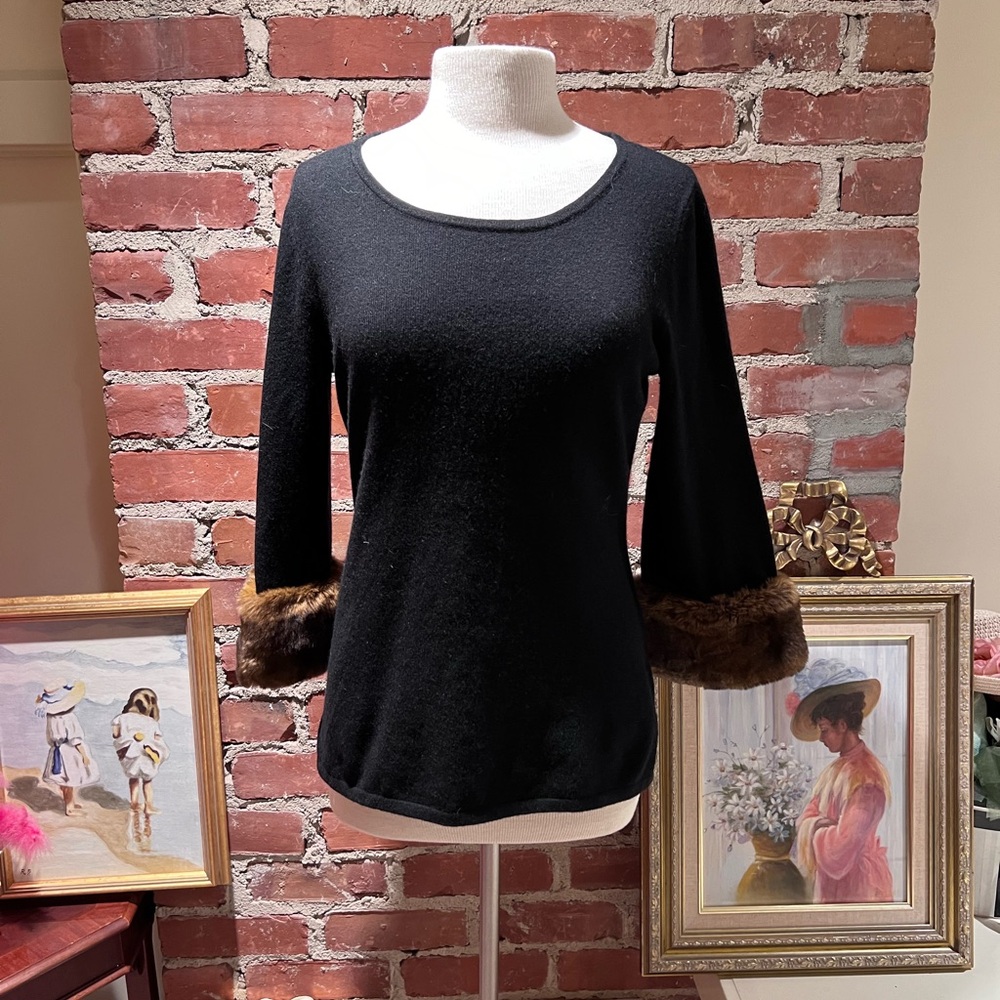 Neiman Marcus Cashmere Black Sweater with Faux Fur Cuffs